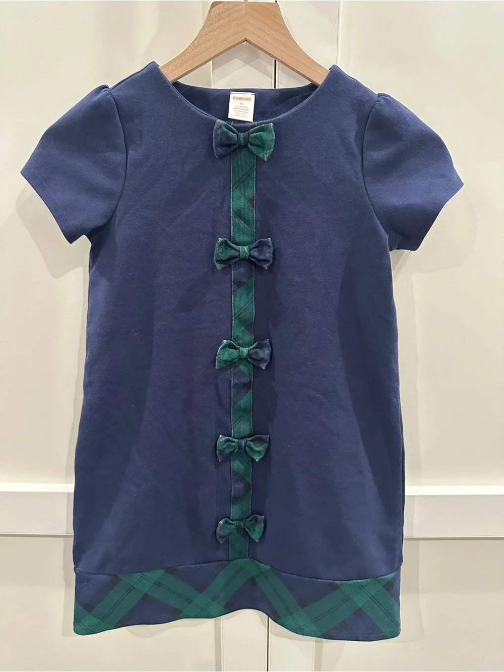 Gymboree Navy Dress with Green Tartan Trim and Bows